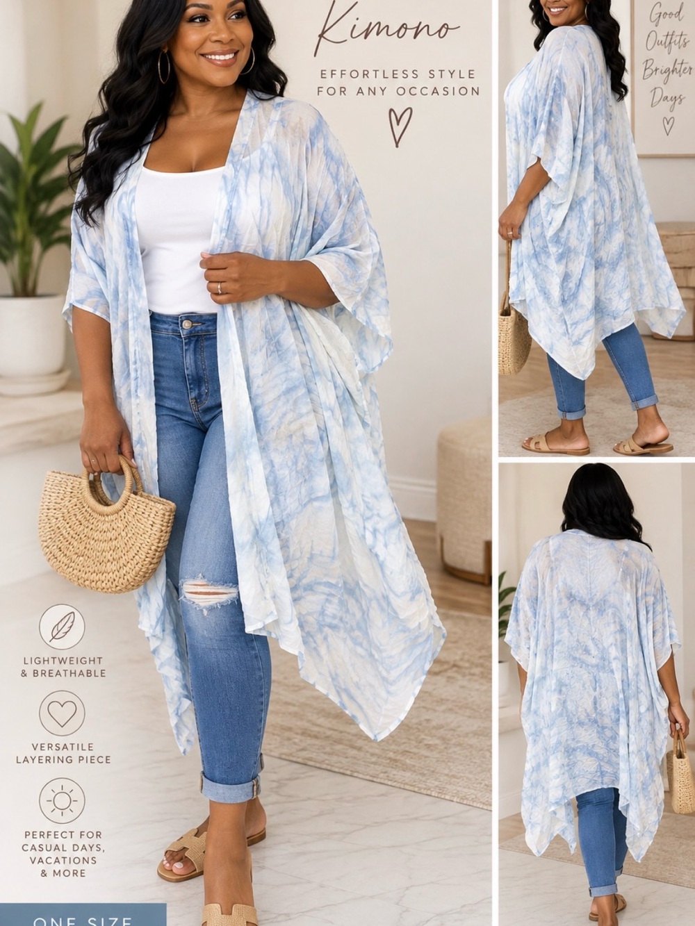 Steve Madden Blue and White Tie-Dye Kimono